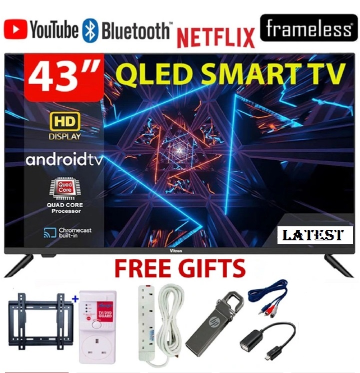 VITRON 43 INCH SMART ANDROID TV QLED TV BLUETOOTH FRAMELESS FHD TELEVISION NETFLIX YOUTUBE WITH BUILT-IN WIFI ENABLED APP STORE 1GB-RAM 8GB-ROM 2USB PORTS 3HDMI PORTS VITRON43+ 6 FREE ACCESSORIES