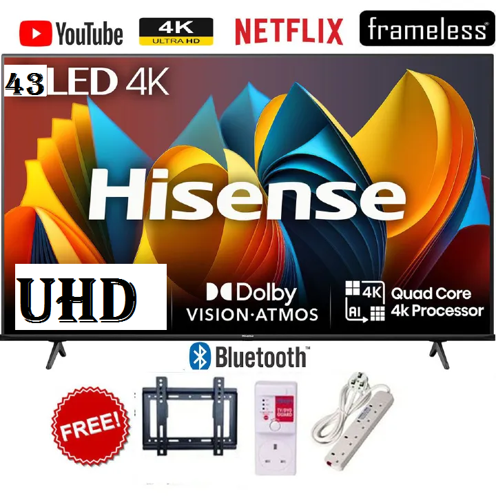 HISENSE 43'' Inch SMART TV 4K ULTRA HD LED TV 43A6 SERIES BLUETOOTH ENABLED TV, WIFI CONNECTIVITY,TELEVISION, HDR 10 Netflix YouTube, DOLBY AUDIO,VIDAA OS,HISENSE43 2YR WARRANTY+ 3 FREE GIFTS