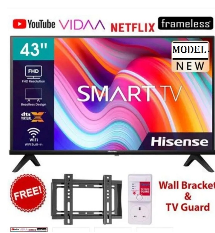 HISENSE 43" INCH SMART TV ,43A4 SERIES ,FRAMELESS TELEVISION, FULL HD RESOLUTION,NETFLIX ,YOUTUBE TV,DTS, INBUILT DECODER, BUILT-IN WIFI,VIDAA OS HISENSE43,2YR WARRANTY+FREE TV GUARD+WALL BRACKET