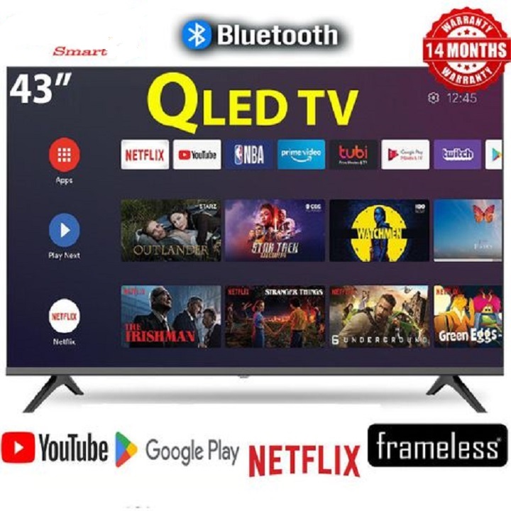 VITRON 43 INCH SMART ANDROID TV HTC4300QFS QLED FHD TV BLUETOOTH FRAMELESS TELEVISION NETFLIX YOUTUBE TELEVISION WIFI ENABLED APPSTORE 1GB RAM 8GBROM 3HDMI PORTS ICAST SCREEN VITRON43 1YEAR WARRANTY