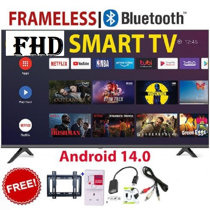 AMTEC 43" inch Smart Android TV Bluetooth Enabled, Frameless Television, Full HD Built-in WIFI, Inbuilt Decoder LOCAL CHANNELS 2*HDMI 2*USB Ports Wide Color ENHANCER,NETFLIX YOUTUBE+4 FREE ACCESSORIES