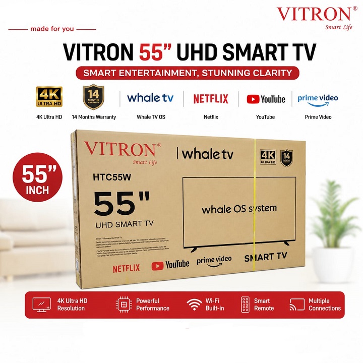 VITRON 55" INCH SMART TV Television 4K ULTRA HD Bluetooth Enabled TV Smart WHALE OS TV Netflix, YouTube App store Inbuilt Decoder, ICAST SCREEN, VOICE CONTROL HTC55W +Free TV Guard + TILT WALL BRACKET