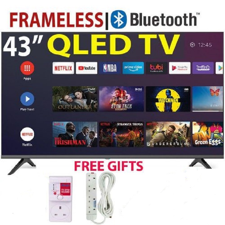 VITRON 43 INCH SMART ANDROID TV QLED TV BLUETOOTH FRAMELESS FHD HTC4300QFS NETFLIX YOUTUBE TELEVISION BUILTIN WIFI  APP STORE 1GB-RAM 8GB-ROM ICAST VITRON43+FREE TV GUARD+HEAVYDUTY EXTENSION