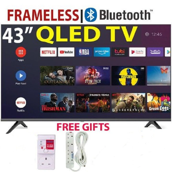 VITRON 43 INCH SMART ANDROID TV QLED TV BLUETOOTH FRAMELESS FHD HTC4300QFS NETFLIX YOUTUBE TELEVISION BUILTIN WIFI  APP STORE 1GB-RAM 8GB-ROM ICAST VITRON43+FREE TV GUARD+HEAVYDUTY EXTENSION