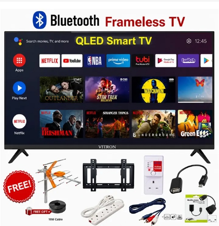 VITRON 43" INCH Smart Android 14.0 TV QLED TV BLUETOOTH HTC4300QFS FRAMELESS FHD  TELEVISION NETFLIX YOUTUBE  BUILT-IN WIFI APPSTORE 1GB RAM 8GBROM 2*USB &3*HDMI PORTS Vitron43+ 6 EXTRA ACCESSORIES