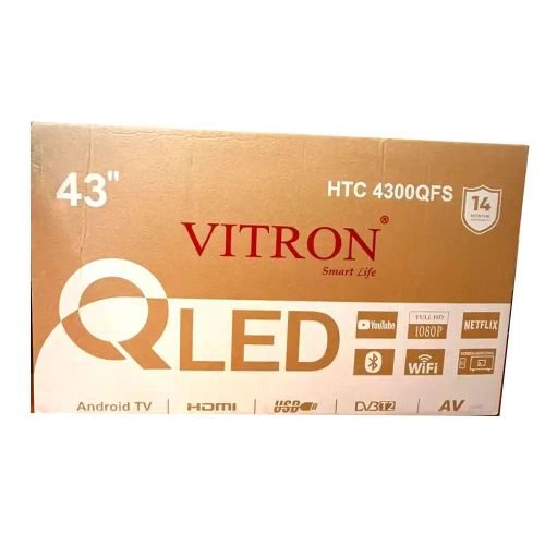 VITRON 43 INCH SMART ANDROID TV QLED TV HTC4300QFS BLUETOOTH FRAMELESS FHD TELEVISION NETFLIX YOUTUBE BUILTIN WIFI APP STORE 1GBRAM 8GBROM 2USB PORTS 3HDMI PORTS VITRON43 PLUS 4 EXTRA FREE GIFTS