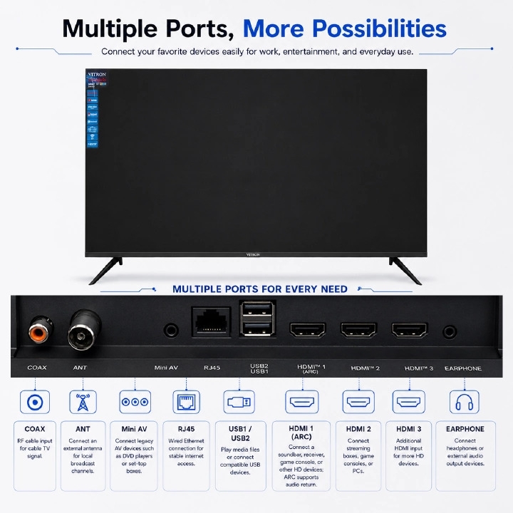 Vitron 43 inch Smart TV Whale OS HTC43W 2K QUAD HD LED TV WIFI Enabled Bluetooth Connectivity Frameless Television Netflix YouTube Prime Video Inbuilt Decoder DSTV Stream VitronTV plus 4 EXTRA GIFTS