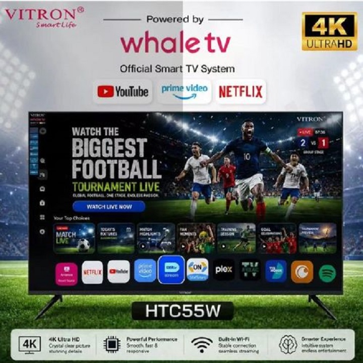 VITRON 55" INCH SMART TV Television 4K ULTRA HD Bluetooth Enabled TV Smart WHALE OS TV Netflix, YouTube App store Inbuilt Decoder, ICAST SCREEN, VOICE CONTROL HTC55W +Free TV Guard + TILT WALL BRACKET