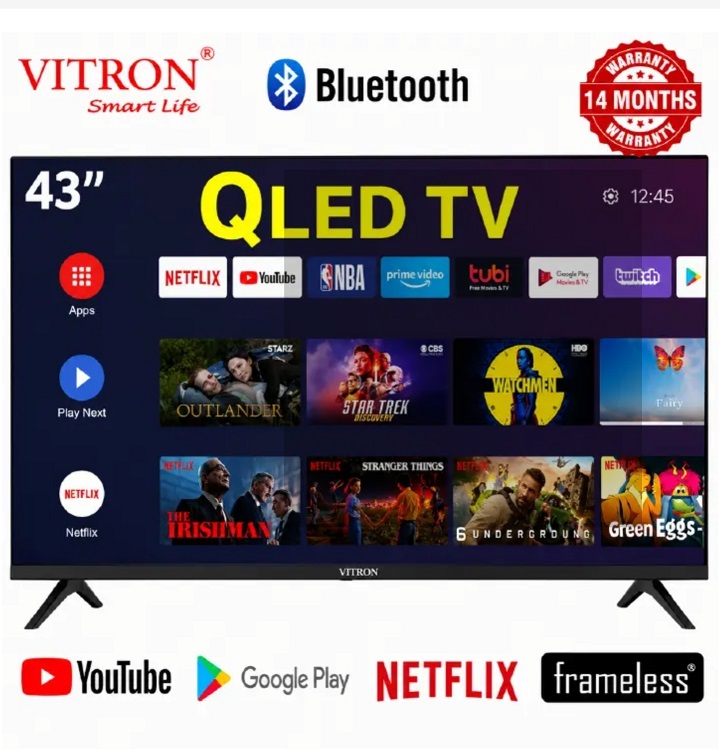 VITRON 43" INCH Smart Android 14.0 TV QLED TV BLUETOOTH HTC4300QFS FRAMELESS FHD  TELEVISION NETFLIX YOUTUBE  BUILT-IN WIFI APPSTORE 1GB RAM 8GBROM 2*USB &3*HDMI PORTS Vitron43+ 6 EXTRA ACCESSORIES