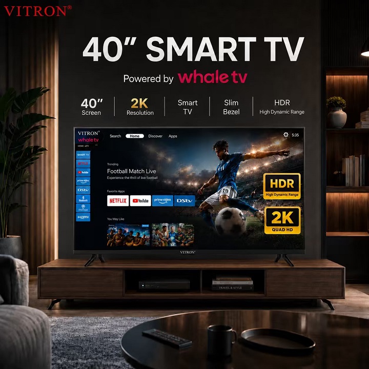 Vitron 40" Inch Smart TV 2K QUAD HD TV HTC40W Bluetooth Enabled Frameless WIFI ENABLED Netflix, YouTube Inbuilt Decoder PRIMEVIDEO 2*USB 3*HDMI PORTS, ICAST SCREEN WHALE OS TV VITRON40 + 8 FREE GIFTS