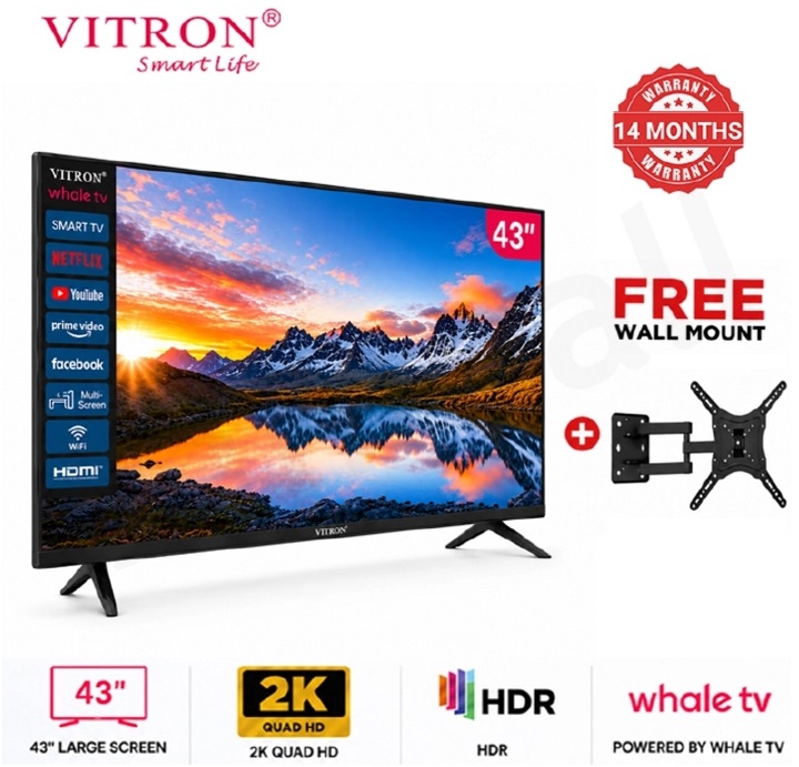 Vitron 43 inch Smart TV Whale OS HTC43W 2K QUAD HD LED TV WIFI Enabled Bluetooth Connectivity Frameless Television Netflix YouTube Prime Video Inbuilt Decoder DSTV App Vitron43 plus Free Tilt Bracket