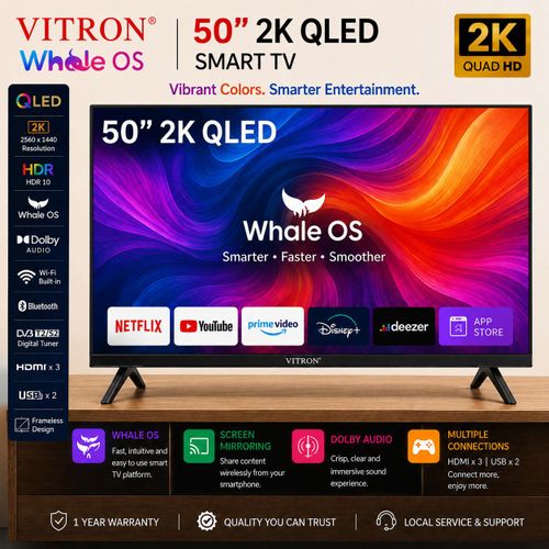 VITRON 50" INCH SMART TV 4K UHD QLED TV HTC50QW BLUETOOTH TELEVISION WIFI TV INBUILT DECODER NETFLIX YOUTUBE APPSTORE 1.5GBRAM 8GBROM VITRON 50INCH TV VITRON50 VITRON TV WHALE TV + 6 FREE ACCESSORIES