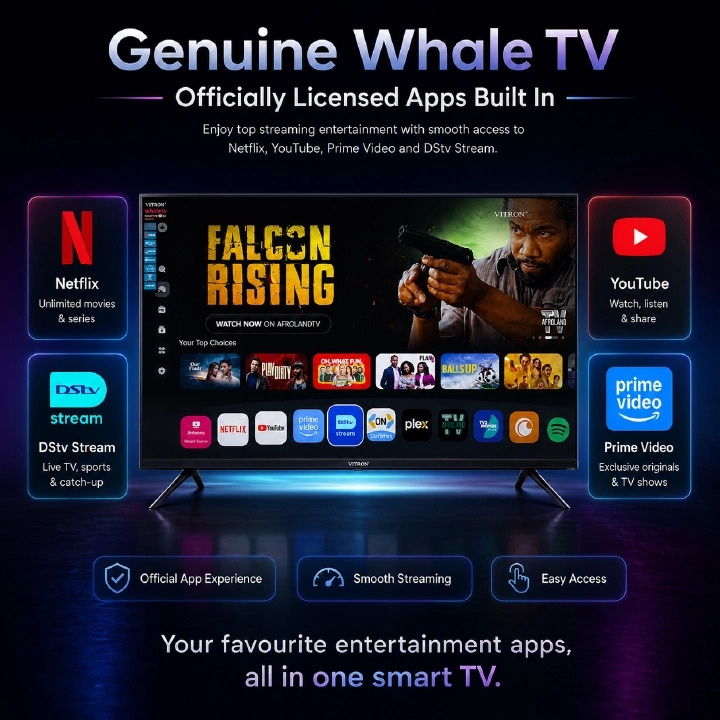 Vitron 40" Inch Smart TV 2K QUAD HD TV HTC40W Bluetooth Enabled Frameless WIFI ENABLED Netflix, YouTube Inbuilt Decoder PRIMEVIDEO 2*USB 3*HDMI PORTS, ICAST SCREEN WHALE OS TV VITRON40 + 8 FREE GIFTS