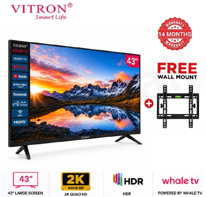 Vitron 43 inch Smart TV Whale OS HTC43W 2K QUAD HD LED TV WIFI Enabled Bluetooth Connectivity Frameless Television with Netflix YouTube Prime Video Inbuilt Decoder DSTV App Vitron43 plus Free Bracket