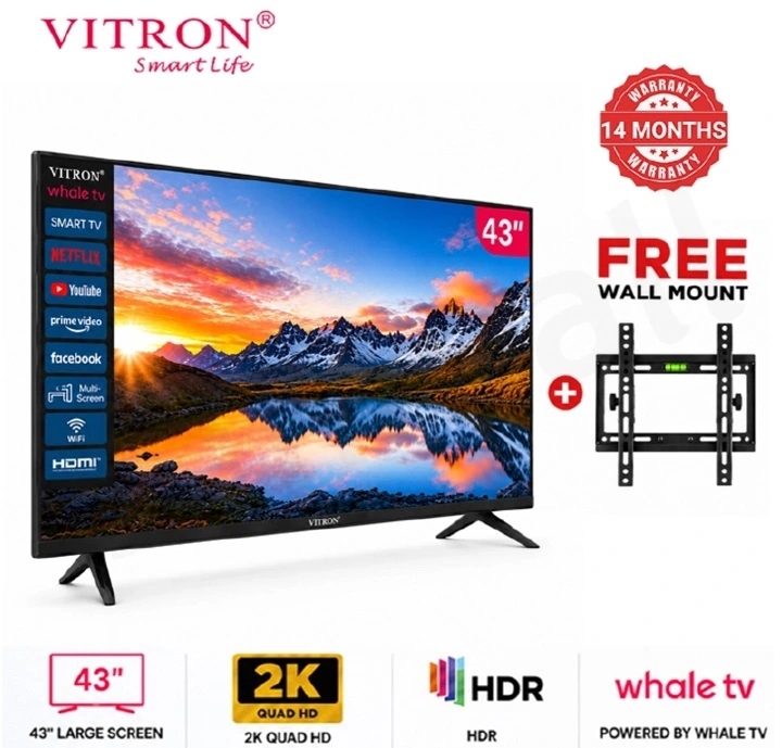 Vitron 43 inch Smart TV Whale OS HTC43W 2K QUAD HD LED TV WIFI Enabled Bluetooth Connectivity Frameless Television with Netflix YouTube Prime Video Inbuilt Decoder DSTV App Vitron43 plus Free Bracket