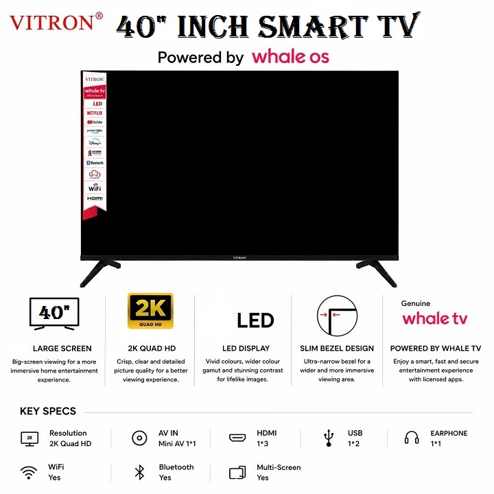 Vitron 40" Inch Smart TV 2K QUAD HD TV HTC40W Bluetooth Enabled Frameless WIFI ENABLED Netflix, YouTube Inbuilt Decoder PRIMEVIDEO 2*USB 3*HDMI PORTS, ICAST SCREEN WHALE OS TV VITRON40 + 8 FREE GIFTS