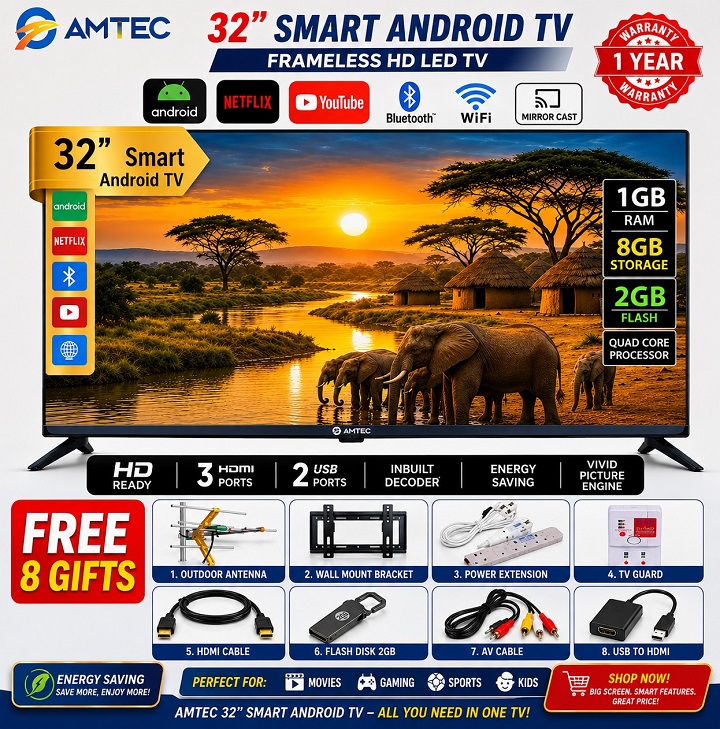 Amtec 32" inch Smart Android TV Frameless HD LED Bluetooth Wi-Fi Enabled Mirror Cast Inbuilt Decoder 3HDMI 2USB Port Quad Core 1GB+8GB Netflix YouTube Energy Saving Television Amtec32 + 8 FREE GIFTS