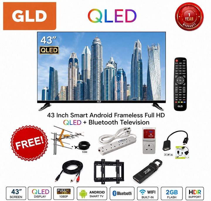 GLD 43" inch Smart Android TV QLED TV Bluetooth TV Connectivity Television Inbuilt Decoder for local channels Netflix YouTube HDMI & USB Ports Wide Color Enhancer GLD TV GLD43 GLDTV + 7 FREE GIFTS