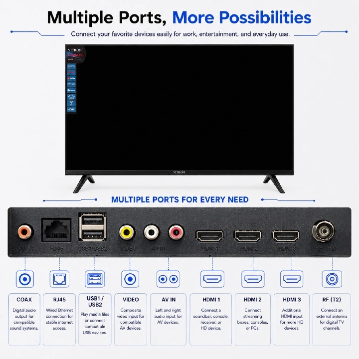 VITRON 50" INCH SMART TV 4K UHD QLED TV HTC50QW BLUETOOTH TELEVISION WIFI ENABLED INBUILT DECODER NETFLIX YOUTUBE APPSTORE 1.5GBRAM 8GBROM VITRON 50INCH TV VITRON50 VITRON TV WHALE TV + 4 EXTRA  GIFTS