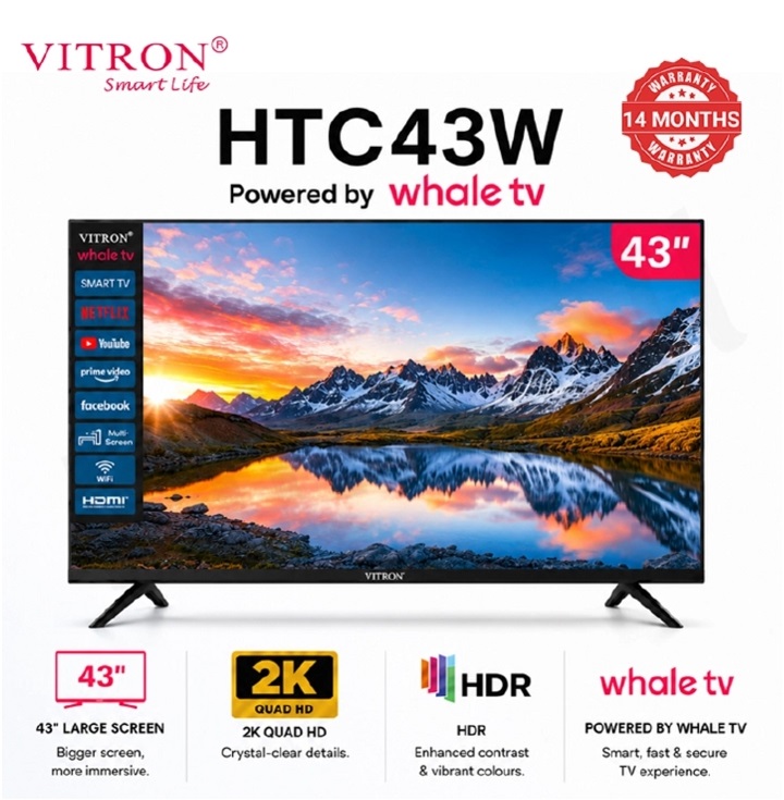 Vitron 43 inch Smart TV Whale OS HTC43W 2K QUAD HD LED TV WIFI Enabled Bluetooth Connectivity Frameless Television Netflix YouTube Prime Video Inbuilt Decoder DSTV Stream VitronTV plus 4 EXTRA GIFTS