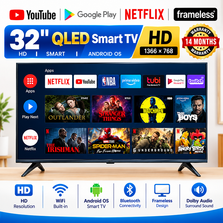 VITRON 32 INCH Smart Android TV QLED  TV BLUETOOTH TV HTC3288QS FRAMELESS Vitron32 Digital TV Inbuilt Decoder 3HDMI& 2USB Ports Netflix YouTube APPSTORE ICAST VITRON TV14 MONTHS WARRANTY+4 EXTRA GIFTS