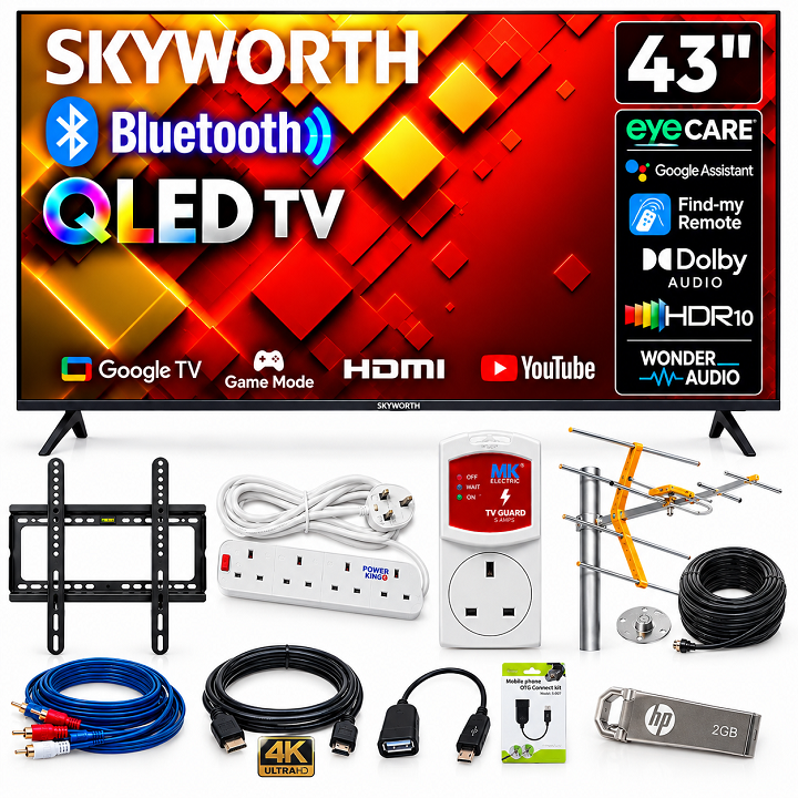 SKYWORTH 43" inch Smart Android TV QLED GOOGLE AI TV Frameless Digital HD Bluetooth ENABLED Television I-cast INBUILT DECODER WIFI Prime Video NETFLIX TV YOUTUBE TV Play store SKYWORTH TV+8 FREE GIFTS