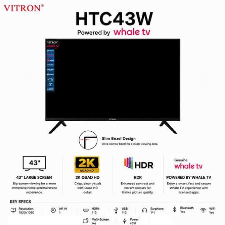 VITRON 43 INCH SMART TV 2K QUAD HD TV HTC43W BLUETOOTH CONNECTIVITY FRAMELESS & DIGITAL TV NETFLIX YOUTUBE TELEVISION BUILT-IN WIFI VITRON TV 1GB-RAM 8GB-ROM VITRON43 WHALE OS TV + 5 FREE ACCESSORIES