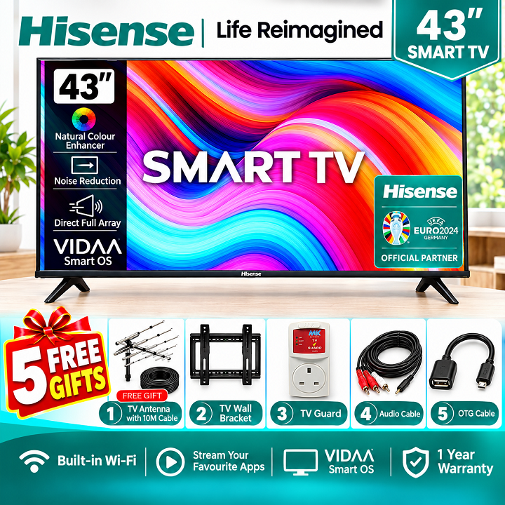 HISENSE 43" INCH SMART TV SMART DIGITAL TELEVISION FULL HD RESOLUTION 43A4 SERIES NETFLIX YOUTUBE TV DTS INBUILT DECODER WIFI VIDAA OS NATURAL COLOR ENHANCER Hisense TV Hisense43 + 5 Extra Accessories
