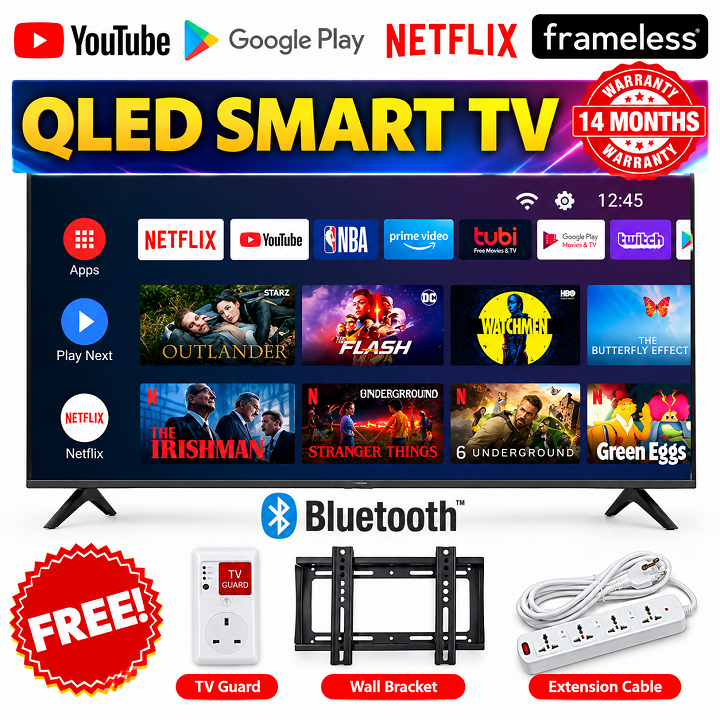 VITRON 32" INCH Smart Android TV QLED TV HTC3288QS FRAMELESS BLUETOOTH TV Inbuilt Decoder HDMI/USB PORTS Netflix YouTube STORE ICAST SCREEN VITRON32 TV Vitron TV +FREE TV Guard + BRACKET + Extension