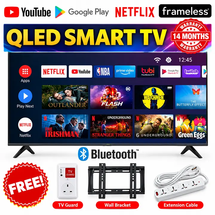 VITRON 32" INCH Smart Android TV QLED TV HTC3288QS FRAMELESS BLUETOOTH TV Inbuilt Decoder HDMI/USB PORTS Netflix YouTube STORE ICAST SCREEN VITRON32 TV Vitron TV +FREE TV Guard + BRACKET + Extension