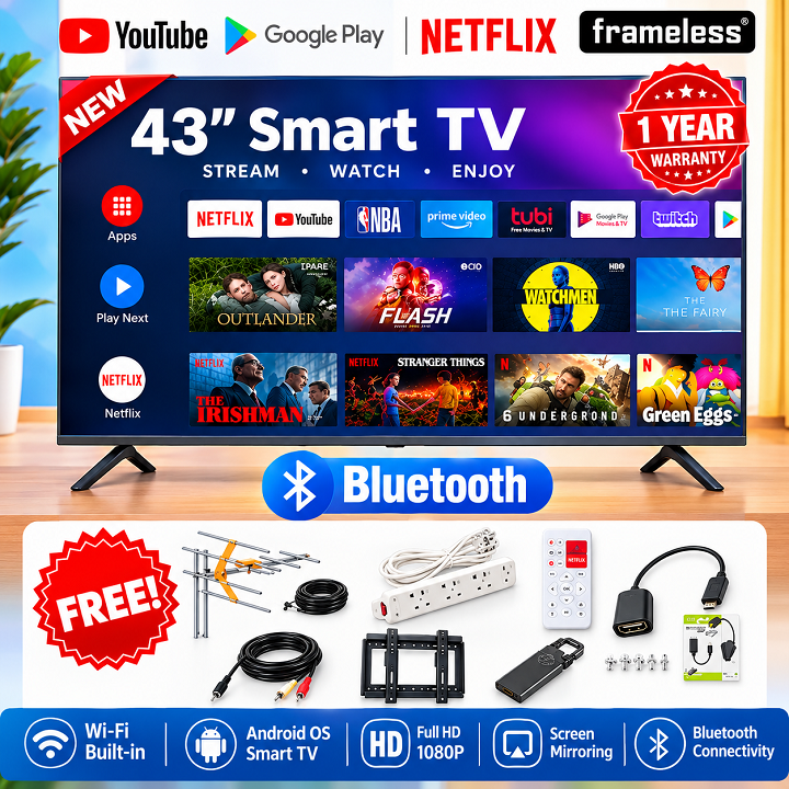 AMTEC 43" inch Smart Android TV FULL HD Bluetooth Enabled TV AMTEC43 Frameless Television Built-in WIFI Inbuilt Decoder 3*HDMI 2*USB Ports Wide Color  ENHANCER NETFLIX YOUTUBE,APPSTORE + 7 FREE GIFTS