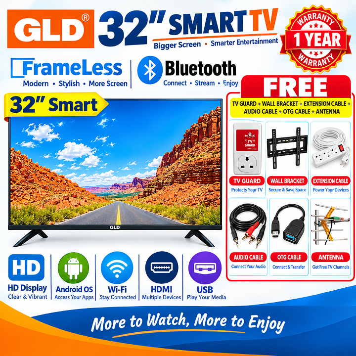 GLD 32" Inch Smart Android Digital TV  Frameless Television Bluetooth TV App-store Inbuilt Decoder Netflix TV YouTube  TV USB&HDMI PORTS WIFI ACCESS GLD32inch TV GLD TV GLDTV+ 6 EXTRA ACCESSORIES