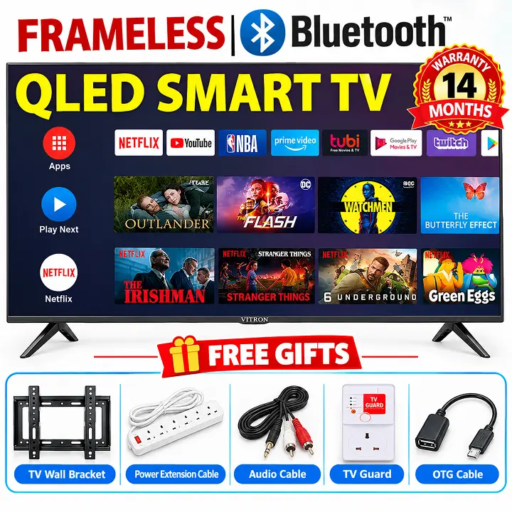 VITRON 43" INCH SMART ANDROID TV QLED TV HTC4300QFS BLUETOOTH  ENABLED FRAMELESS FULL HD TELEVISION NETFLIX YOUTUBE BUILT-IN WIFI APP STORE 1GB-RAM 8GB-ROM VITRON43 TV Vitron TV + 5 FREE ACCESSORIES