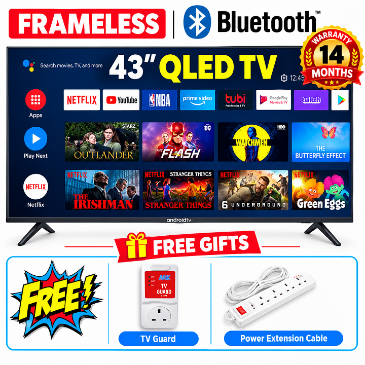 Skyworth 43'' inch Smart Android TV QLED GOOGLE  AI TV Bluetooth Enabled Netflix YouTube I-cast Prime Video Google Play Assistant Television Inbuilt Decoder Built-in Wi-FI+FREE TV GUARD+ EXTENSION