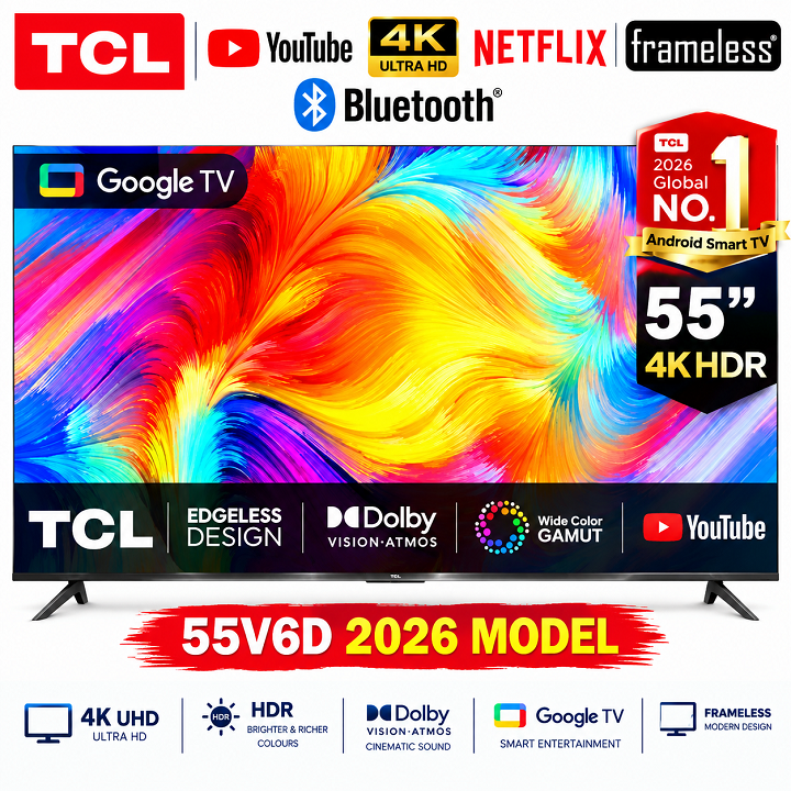 TCL 55Inches SMART TV 4K ULTRA HD TV 55V6D Google AI TV Dolby Vision Atmos HDR Pro+ Game Accelerator Enhanced Gaming Voice Control NETFLIX YOUTUBE BLUETOOTH TV INBUILT DECODER TCL TV  TCL55 TELEVISION