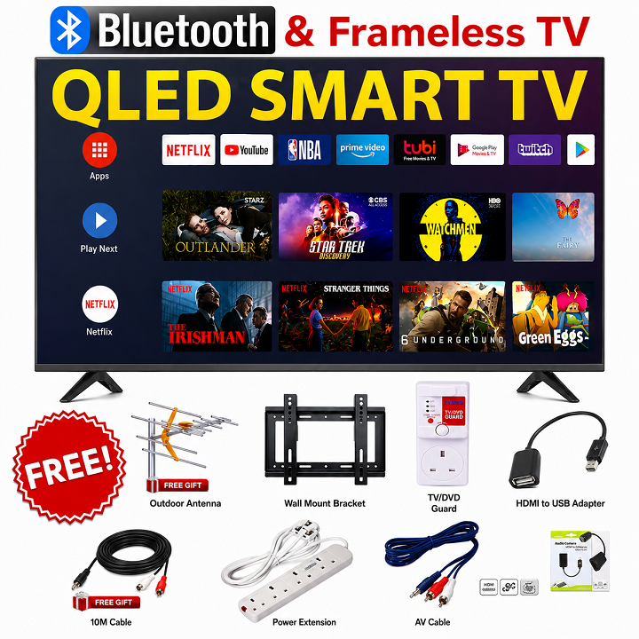 VITRON 32 Inch QLED TV Frameless Smart TV HD Netflix Bluetooth TV HTC3288QS YouTube Television DVB-T2 Android 16 AC Energy Saving Television 1G+8G VITRON TV INBUILT DECODER + 6 EXTRA FREE ACCESSORIES