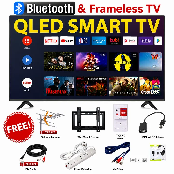 VITRON 32 Inch QLED TV Frameless Smart TV HD Netflix Bluetooth TV HTC3288QS YouTube Television DVB-T2 Android 16 AC Energy Saving Television 1G+8G VITRON TV INBUILT DECODER + 6 EXTRA FREE ACCESSORIES