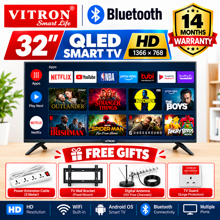 VITRON 32 INCH Smart Android TV QLED  TV BLUETOOTH TV HTC3288QS FRAMELESS Vitron32 Digital TV Inbuilt Decoder 3HDMI& 2USB Ports Netflix YouTube APPSTORE ICAST VITRON TV14 MONTHS WARRANTY+4 EXTRA GIFTS