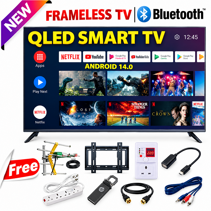 VITRON 32 INCH Smart Android TV 16 Digital QLED TV BLUETOOTH ENABLED HTC3288QS FRAMELESS Inbuilt Decoder Inbuilt WIFI Netflix YouTube App store 2*USB 3*HDMI Ports ICAST VITRON TV Vitron32+8 FREE GIFTS