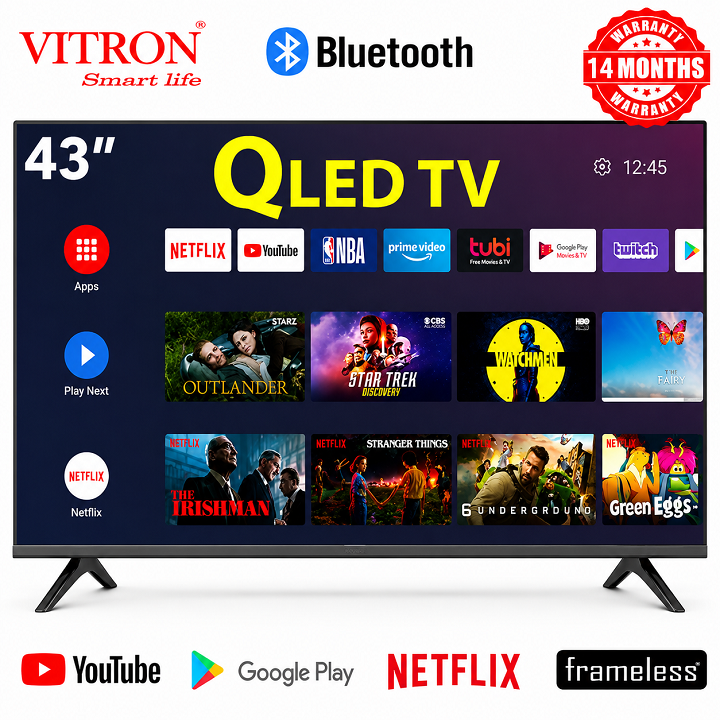 VITRON 43" INCH SMART ANDROID TV HTC4300QFS QLED  FHD TV ICAST NETFLIX YOUTUBE TELEVISION INBUILT DECODER WIFI  APP STORE 1GB-RAM 8GB-ROM 2*USB 3*HDMI PORTS VITRON43 TV+FREE EXTENSION + WALL BRACKET