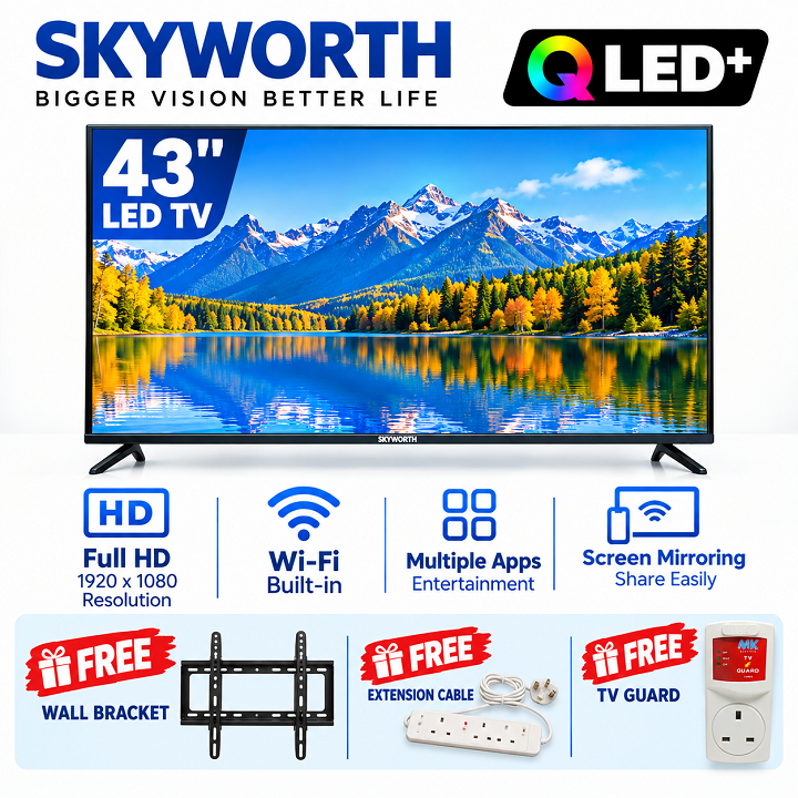 Skyworth Smart Android 43" INCH TV QLED TV GOOGLE AI TV Bluetooth Netflix YouTube TV I-cast Prime Video Google Play Television Inbuilt Decoder Built-in Wi-Fi SKYWORTH TV+FREE TVGUARD+BRACKET+EXTENSION