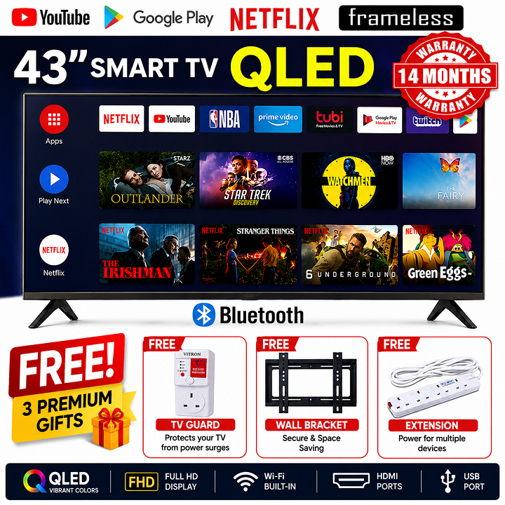 Vitron 43 inch QLED Smart TV HTC4300QFS Android 16 Bluetooth Television Full HD Frameless TV with Netflix YouTube Television 1G+8G VITRON TV VITRON43INCHES VITRON43 TV plus 3 FREE GIFTS