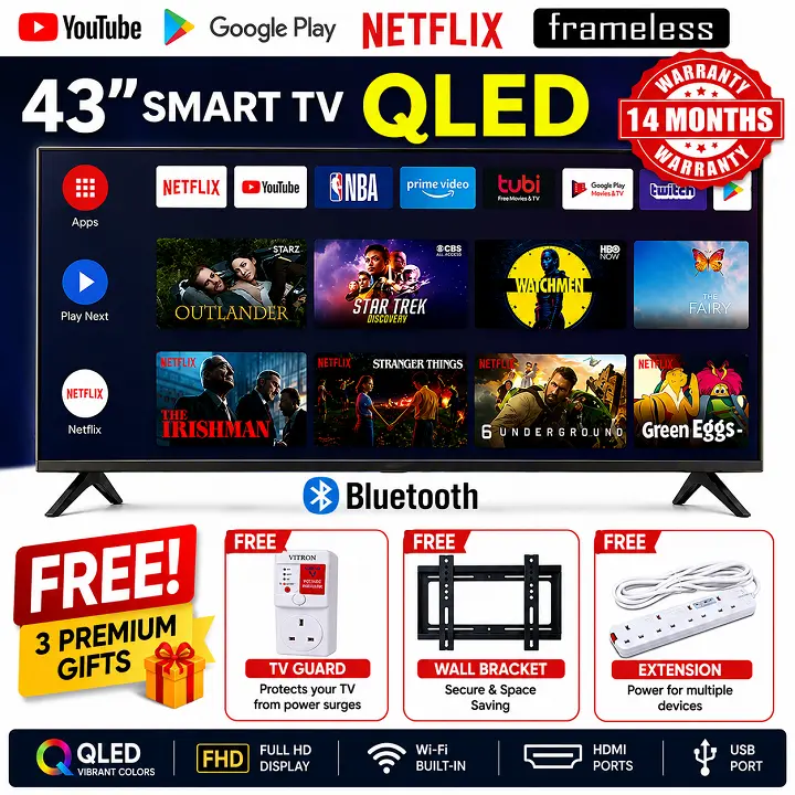 Vitron 43 inch QLED Smart TV HTC4300QFS Android 16 Bluetooth Television Full HD Frameless TV with Netflix YouTube Television 1G+8G VITRON TV VITRON43INCHES VITRON43 TV plus 3 FREE GIFTS