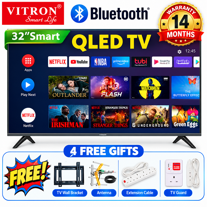 VITRON 32 INCH Smart Android TV QLED  TV BLUETOOTH TV HTC3288QS FRAMELESS Vitron32 Digital TV Inbuilt Decoder 3HDMI& 2USB Ports Netflix YouTube APPSTORE ICAST VITRON TV14 MONTHS WARRANTY+4 EXTRA GIFTS