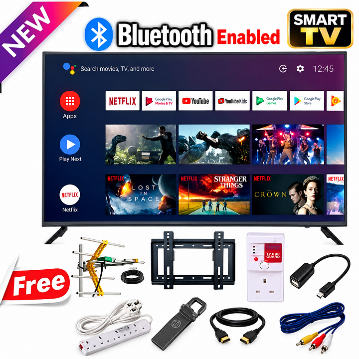 AMTEC 43" inch Smart Android TV Bluetooth TV 43INCH Frameless 43L12S Television NETFLIX YOUTUBE APP STORE FULL HD  Built-in WIFI  Inbuilt Decoder 3*HDMI 2*USB Ports  ICAST AMTEC43 TV+ 8 FREE GIFTS