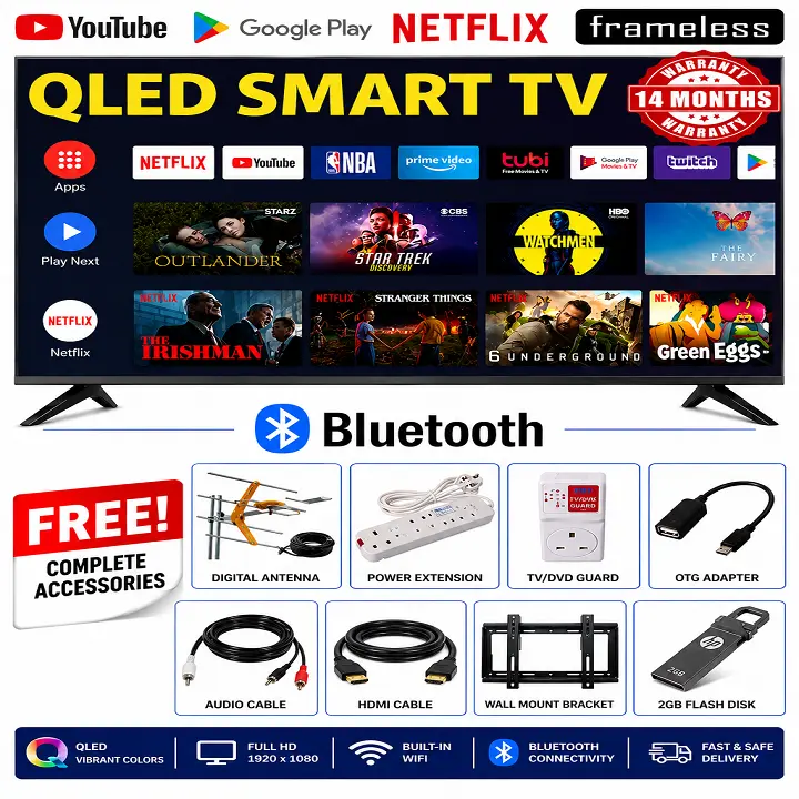 VITRON 43"INCH SMART ANDROID TV HTC4300QFS QLED TV FHD ICAST NETFLIX YOUTUBE TELEVISION INBUILT DECODER INBUILT WIFI APP STORE 1GB-RAM 8GB-ROM 2*USB PORTS 3*HDMI PORTS VITRON43 ICAST+ 8 FREE GIFTS
