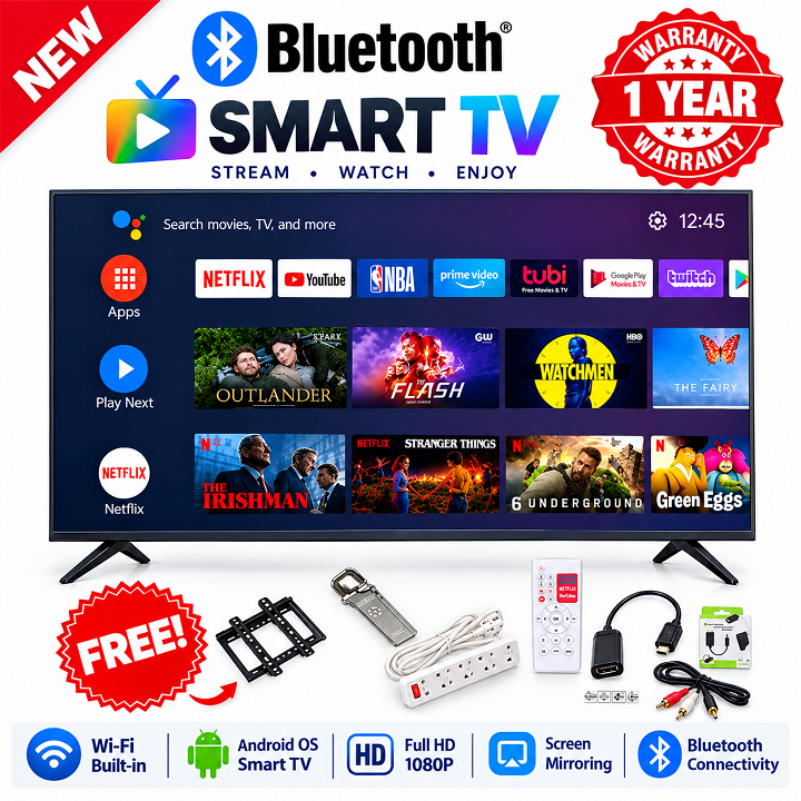 AMTEC 43 inch Smart Android TV Bluetooth Enabled TV Frameless Television Full HD WIFI, Inbuilt Decoder 2*HDMI 2*USB Ports Wide Color ENHANCER NETFLIX YOUTUBE TV ICAST AMTEC43 TV+ 6 FREE  ACCESSORIES