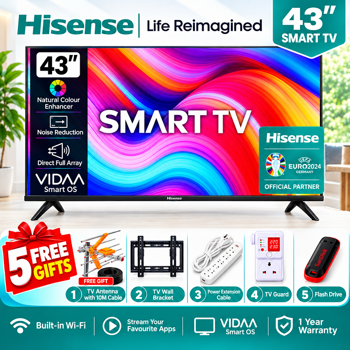 HISENSE 43" INCH SMART TV FRAMELESS SMART DIGITAL TELEVISION FULL HD RESOLUTION 43A4 SERIES NETFLIX YOUTUBE TV DTS INBUILT DECODER BUILT-IN WIFI VIDAA OS NATURAL COLOR ENHANCER HISENSETV+ 5 FREE GIFTS