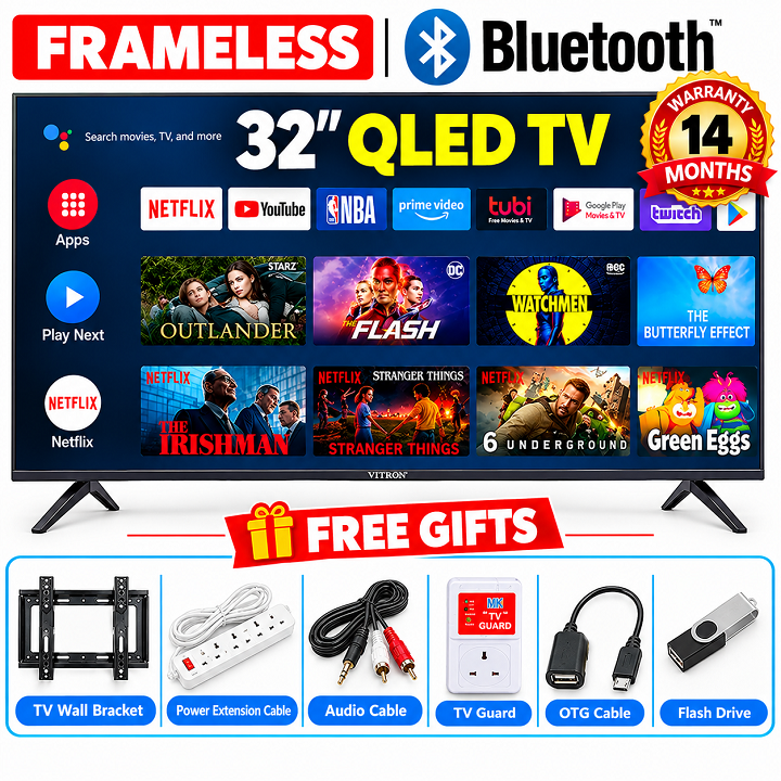Vitron 32inch Smart Android TV QLED TV Bluetooth Enabled Netflix YouTube Television Wi-Fi Enabled Frameless TV with Icast Screen Inbuilt Decoder for channels Vitron32 Vitron TV + 6 FREE ACCESSORIES