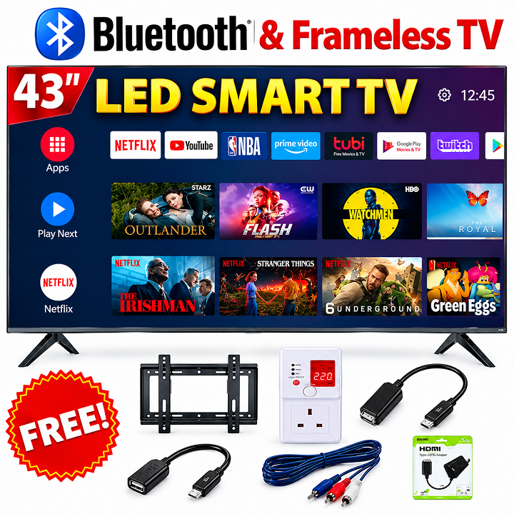 AMTEC 43" inch Smart Android TV Bluetooth Enabled, Frameless Television, Full HD Built-in WIFI, Inbuilt Decoder LOCAL CHANNELS 2*HDMI 2*USB Ports Wide Color ENHANCER,NETFLIX YOUTUBE+4 FREE ACCESSORIES